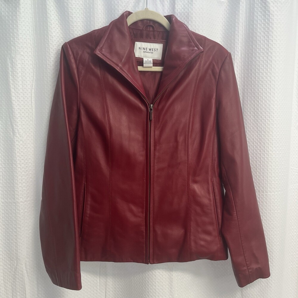 Nine‎ West Genuine Leather Red Full Zip Scuba Jacket Classic Medium - Picture 2 of 11